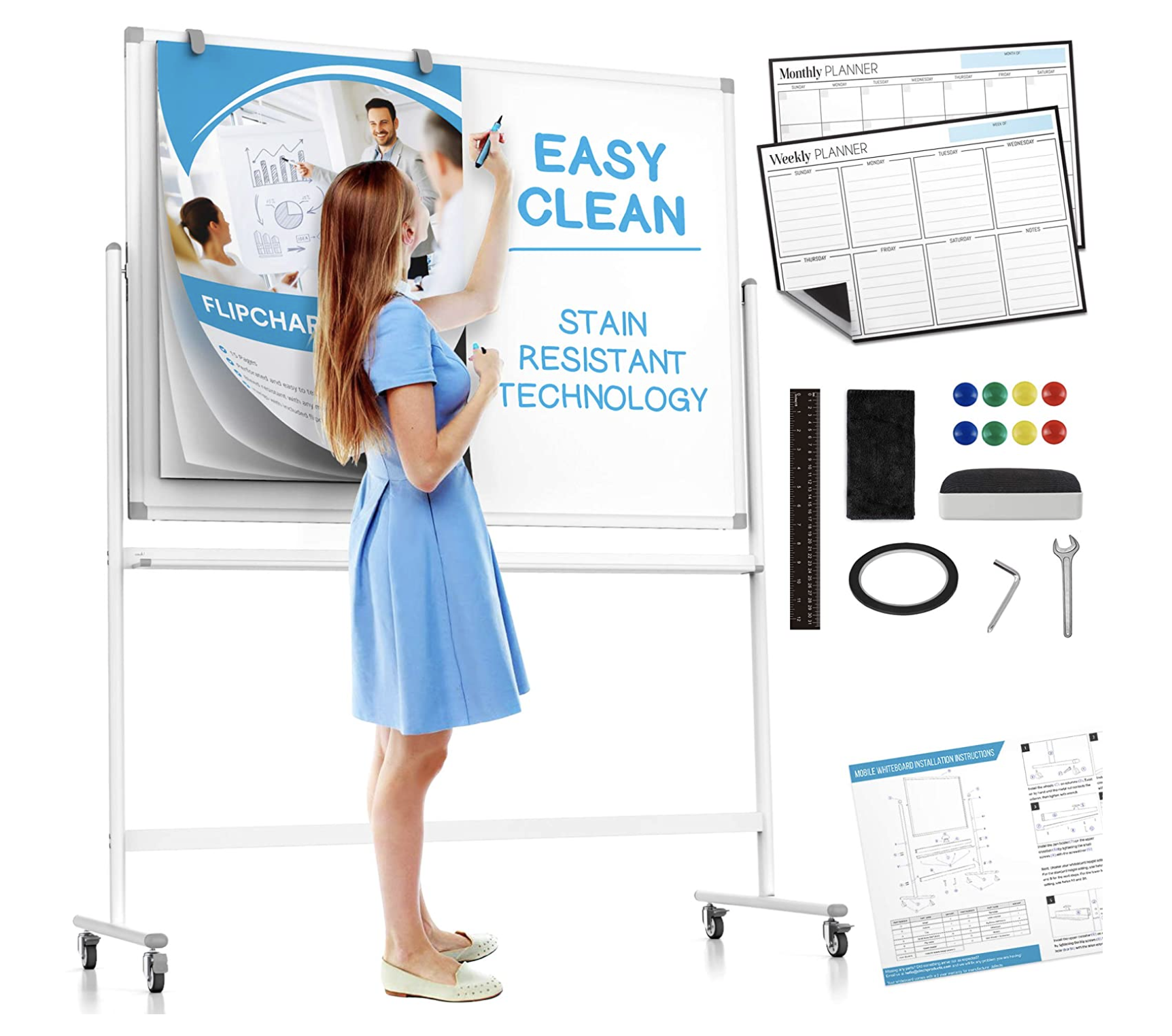 Large Mobile Rolling Whiteboard on Wheels