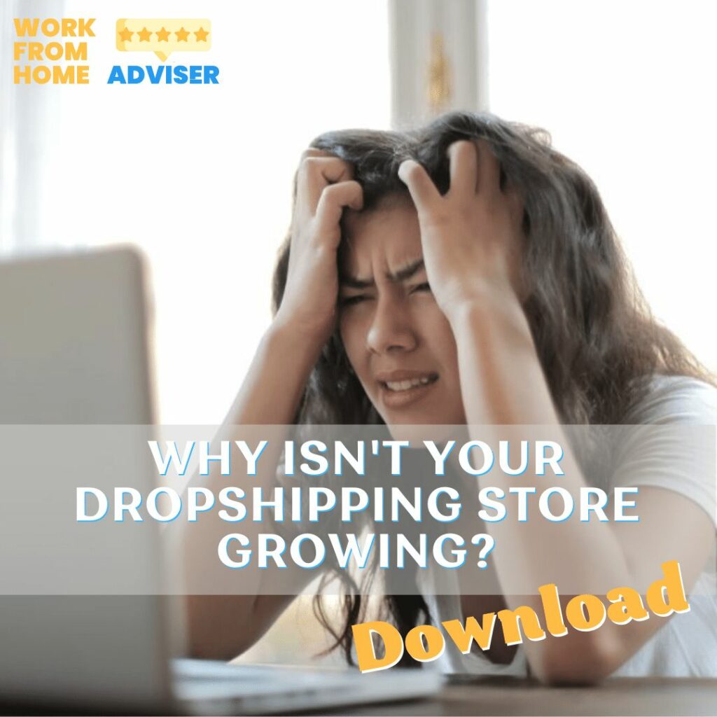 Woman frustrated sitting in front of laptop at home - why isn't your dropshipping store growing download