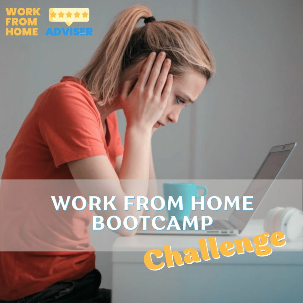 Woman leaning over laptop frustrated - take the Work from home bootcamp challenge