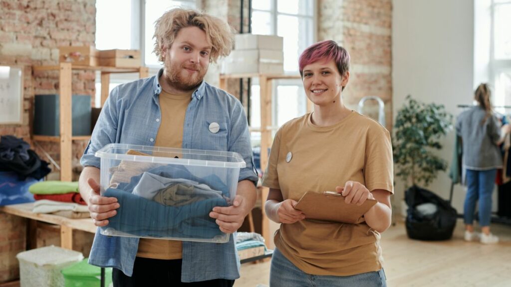 Man and woman volunteering at a thrift store